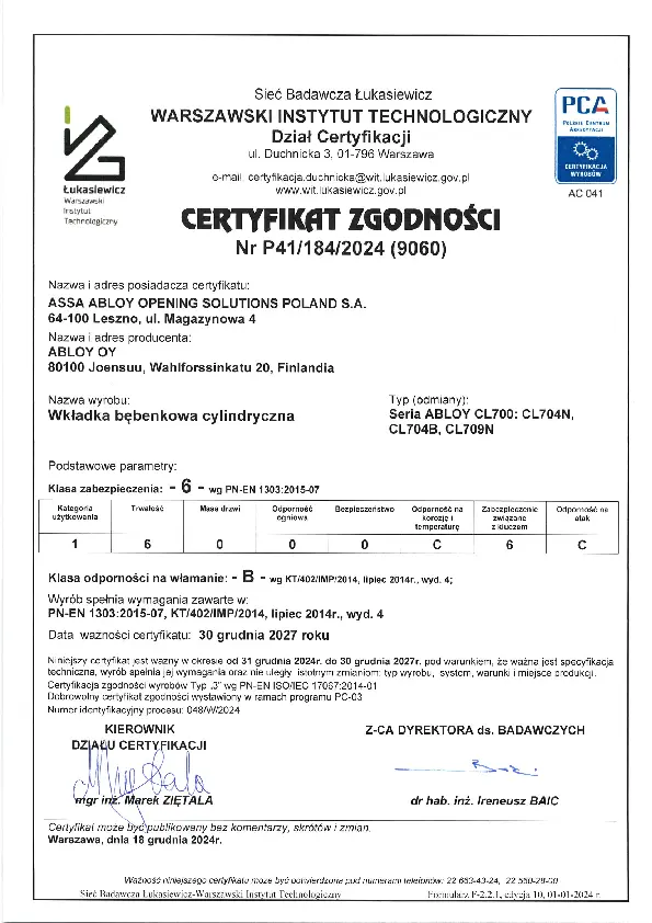 PL ABLOY Cert 2024 seria CL700_ CL704N CL7048 CL709N